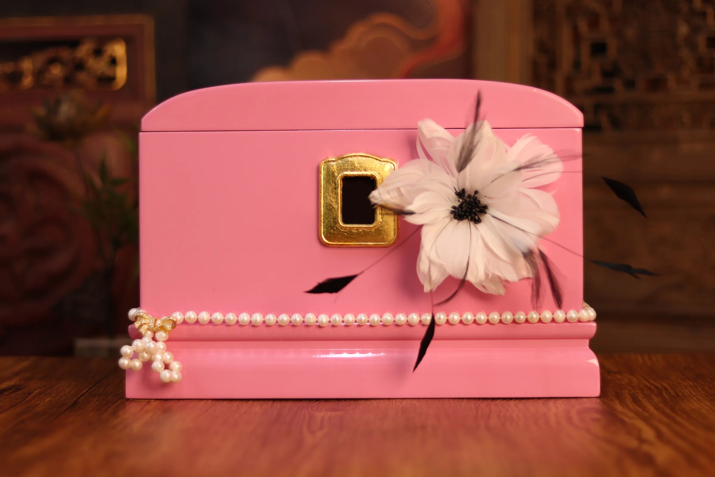 Dew-Kissed Blossom Lacquer Urn, pink lacquer with pearls and feather blossom