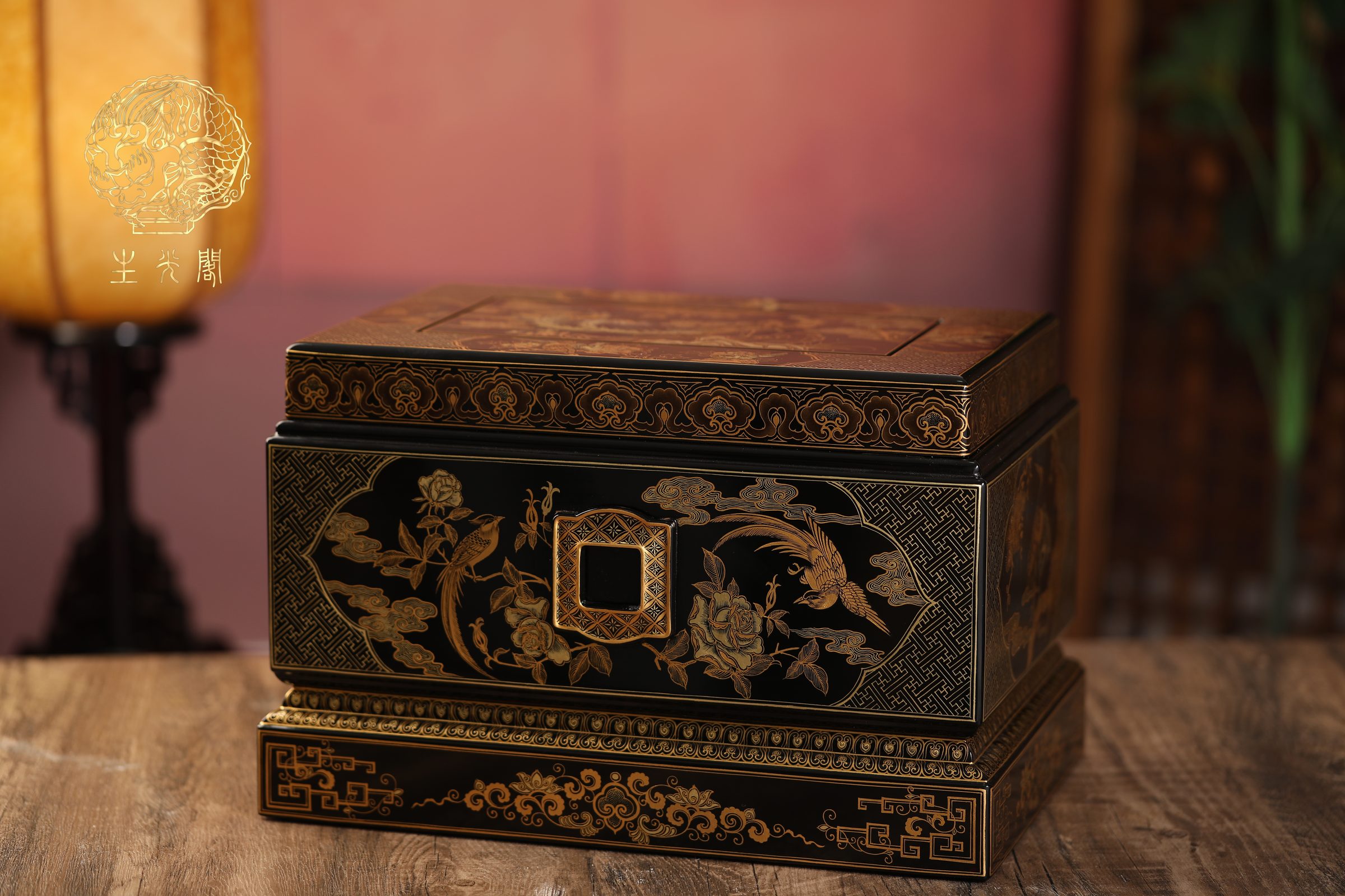 Phoenix Court Lacquer Urn, black lacquer with gold phoenix and flowering branches